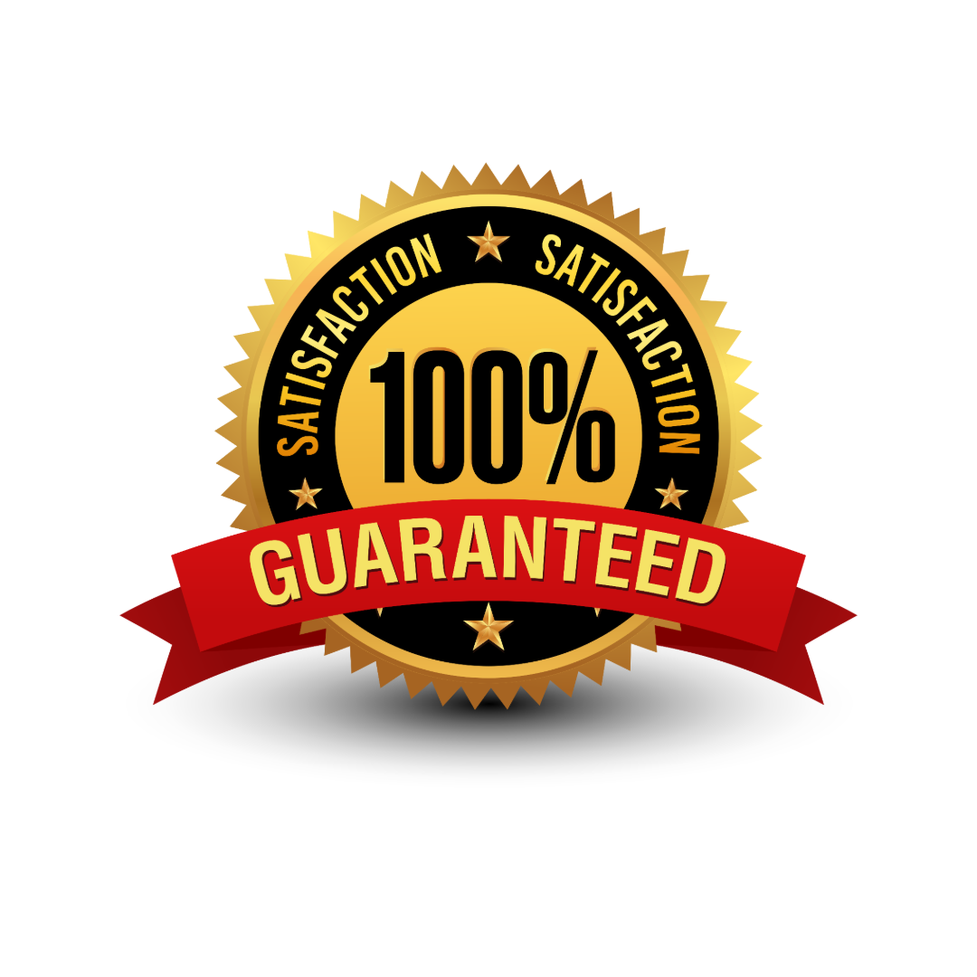A gold and black badge with a red ribbon displaying '100% Satisfaction Guaranteed,' symbolizing a commitment to quality and customer satisfaction.